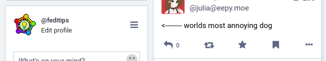 a post from julia with an arrow pointing to the left and it says worlds most annoying dog. its supposed to point to her pfp but because thats not how mastodon renders posts its pointing to me instead. a post from julia with an arrow pointing to the left and it says worlds most annoying dog. its supposed to point to her pfp but because thats not how mastodon renders posts its pointing to me instead.